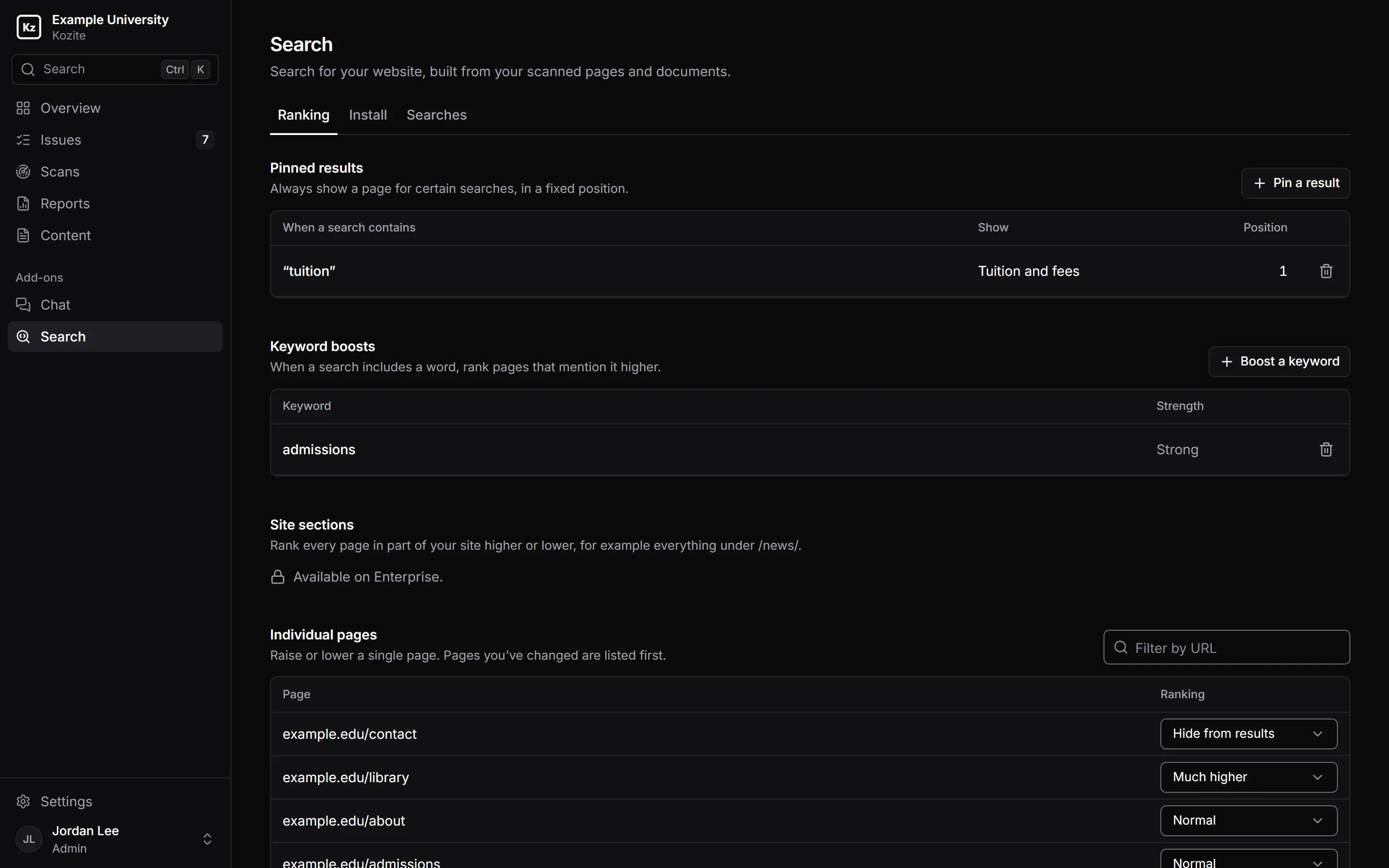 Search ranking settings in Kozite: a pinned result showing 'Tuition and fees' for searches containing tuition, a keyword boost for admissions, and per-page ranking controls.