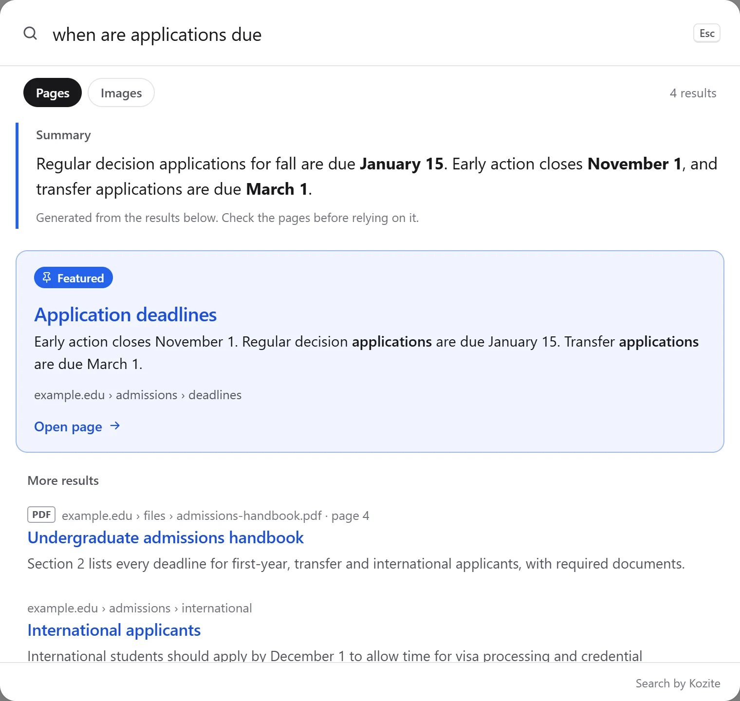 The Kozite search widget. A search for 'when are applications due' shows a summary of the deadlines, marked as generated from the results, then the Application deadlines page as a featured result, and more results including a PDF handbook at page 4.